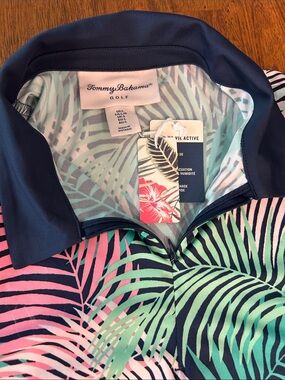 Tommy Bahama Tropical Palm Half-Zip Polo — Navy, Mint & Pink golf